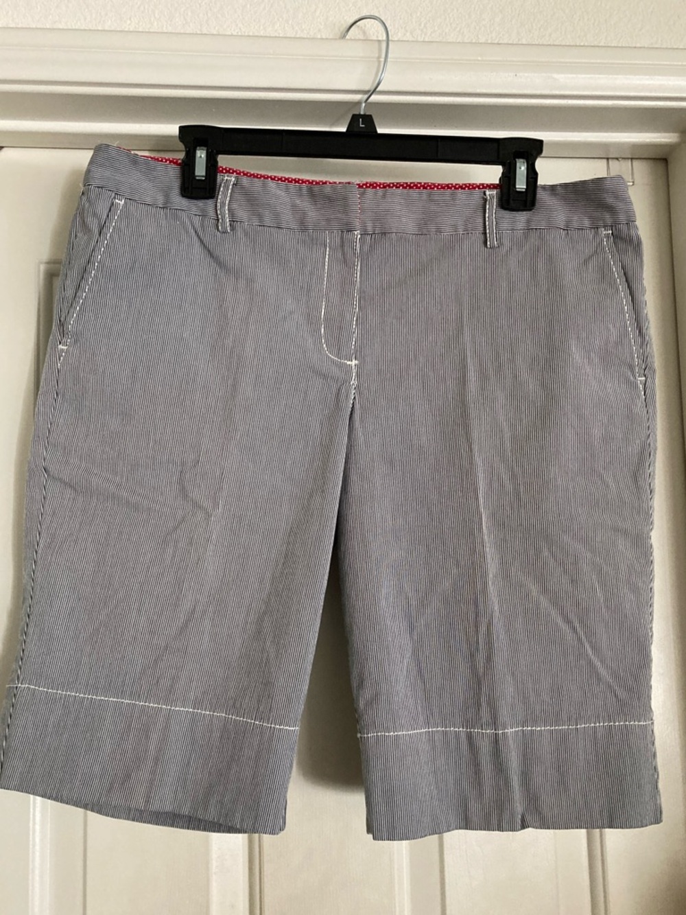 Loft Women's Pinstripe Bermuda Shorts Black striped with White Stitching size 12